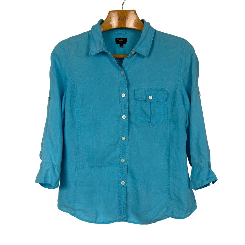 Talbots Button Down Pure Irish Linen 3/4 Roll Tab Sleeve Size M Turquoise Blue